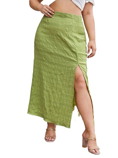 

plus high waist split thigh textured skirt e8tu#, Black