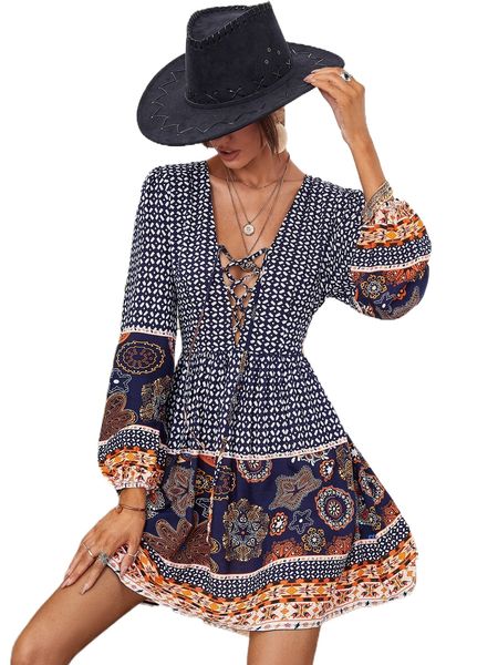 

rusttydustty geo & floral print lace up front lantern sleeve dress a2re#, Black;gray