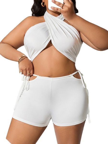 

sxy plus cross wrap halter & cut out knot side biker shorts d0og#, Black