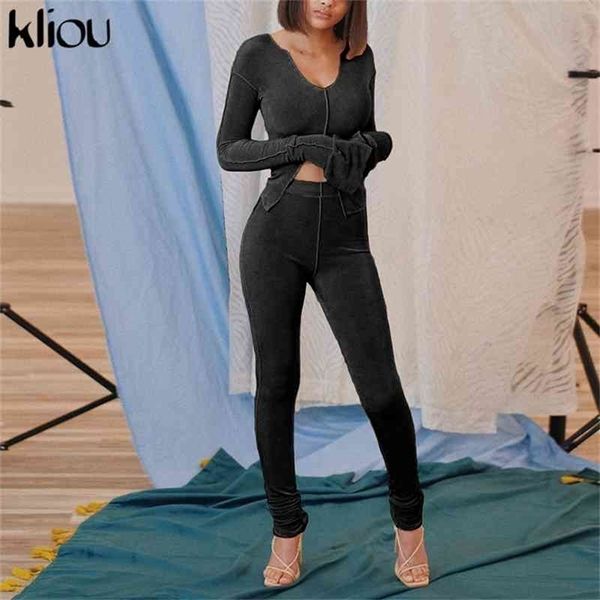 Kliou Women Women V-Neck Slitt Striped Crop Top Leggings Sporty Set Fitness Workout Streety Skinny Casual Due pezzi Outfit 210331