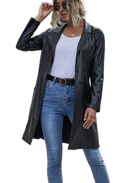 

lapel collar single breasted dual pockets pu coat n2gv#, Black