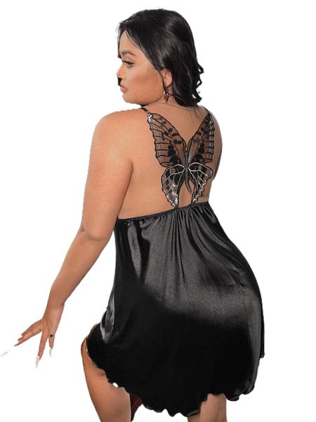 

plus contrast butterfly lace backless satin cami nightdress t5ff#, Black;white