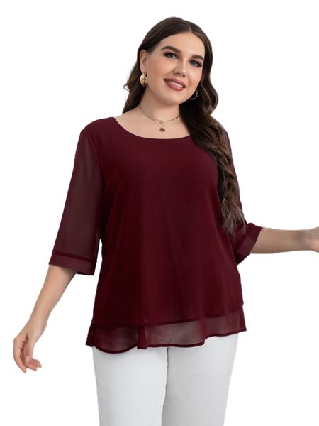 

plus solid layered hem blouse d1oi#, Black