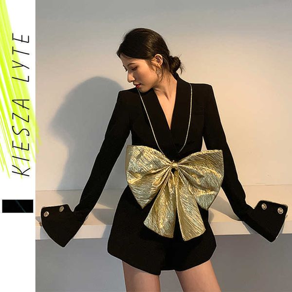 

brand runway short jumpsuit golden bowknot belt long sleeve women party romper playsuits autumn 210608, Black;white