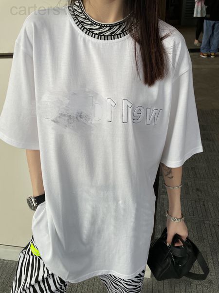 

women's t-shirt designer we11 21 early spring hand embroidered letter thread knitted collar short sleeve loose couple style versatile t, White