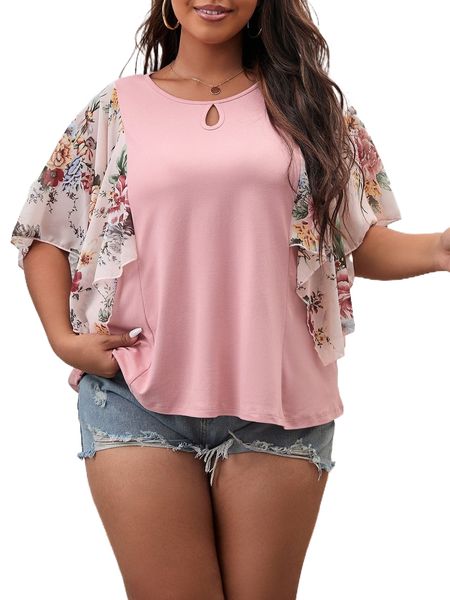 

plus floral print butterfly sleeve blouse 74ua#, Black