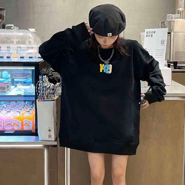 

correct autumn and winter aw dawang rainbow foaming printing three-dimensional letters loose round neck lovers' same sweater, Black
