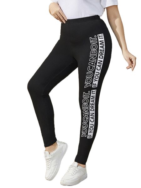 

plus slogan graphic leggings v83w#, Black