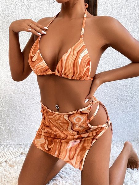 

3pack fluid pattern triangle bikini swimsuit & beach skirt y0ty#, White;black