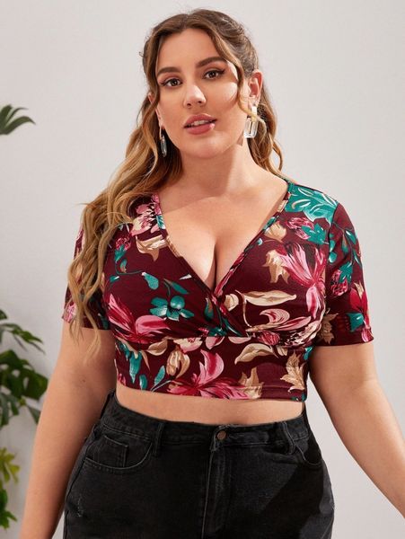 

plus floral print surplice crop tee l9uc#, Black