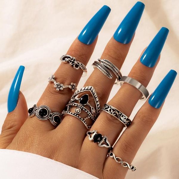 

cluster rings 9pcs/sets vintage silver color leaf ring sets for women charms trendy black rhinestone party jewelry accessories 16705, Golden;silver