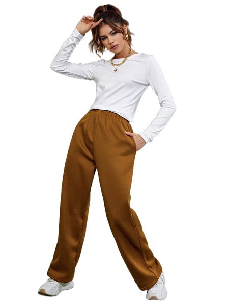 

solid tee & elastic waist straight leg pants p2qb#, White