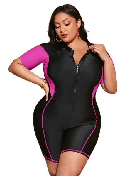 

plus color block zipper front one piece swimsuit v18y#, White;black