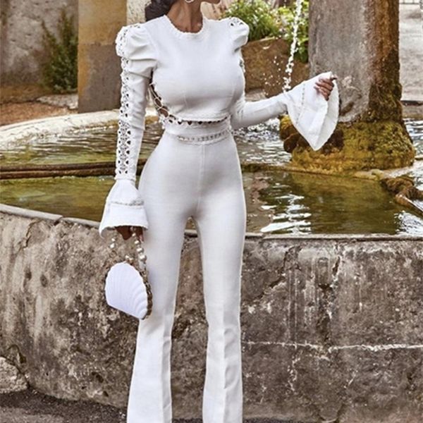 

women winter style long sleeve flare black white two pieces bandage set celebrity designer fashion party women's 220324