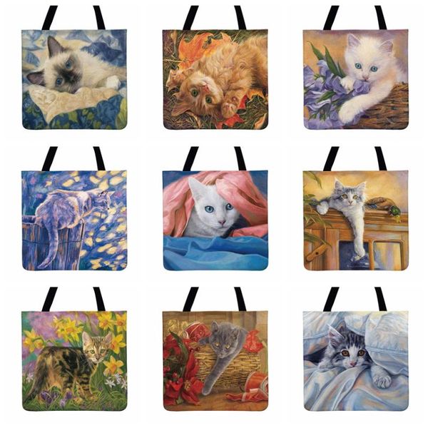 

evening bags super cute pastoral cat oil painting art printed tote bag women casual ladies shoulder outdoor shopping beach1871745