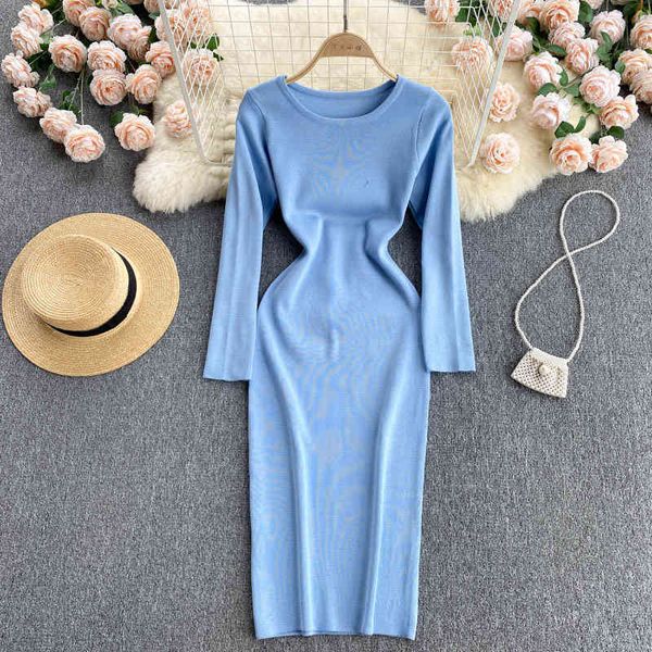 

casual dresses korean version simple pure color temperament round neck slim bag bottom skirt autumn women's knitting dress hix9, Black;gray