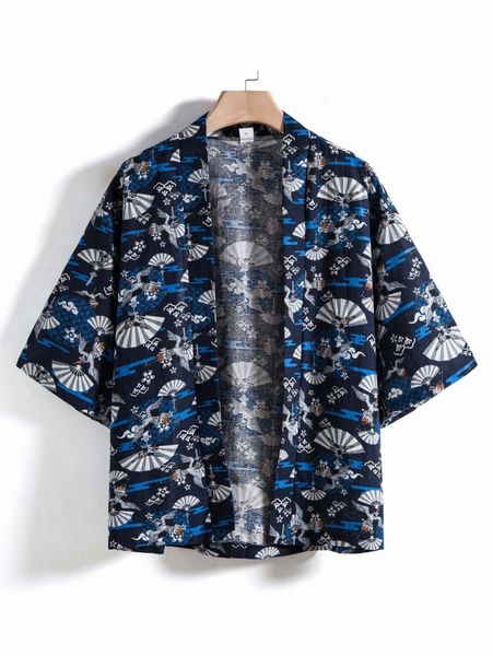 

men random crane & fan print open front kimono v4vz#, White;black