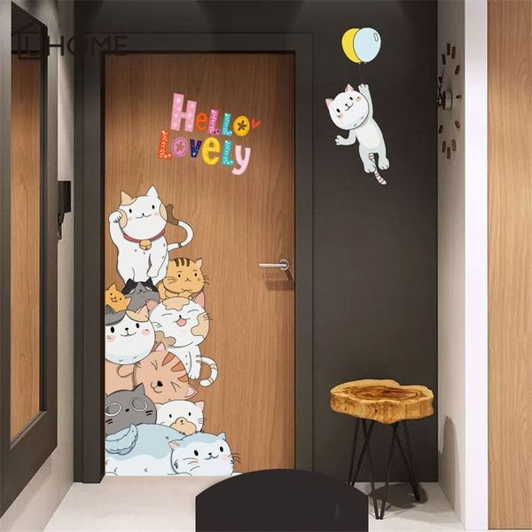 Cartoon 3D Katze Wand Aufkleber Schöne Familie Vinyl Aufkleber für Tür Kinderzimmer Home Decor Klebstoff Tür Aufkleber PVC Wand abziehbilder T200610