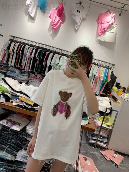 

women's t-shirt designer short sleeve t women's korean version loose heavy industry diamond inlaid cartoon bear fashion medium lon, White