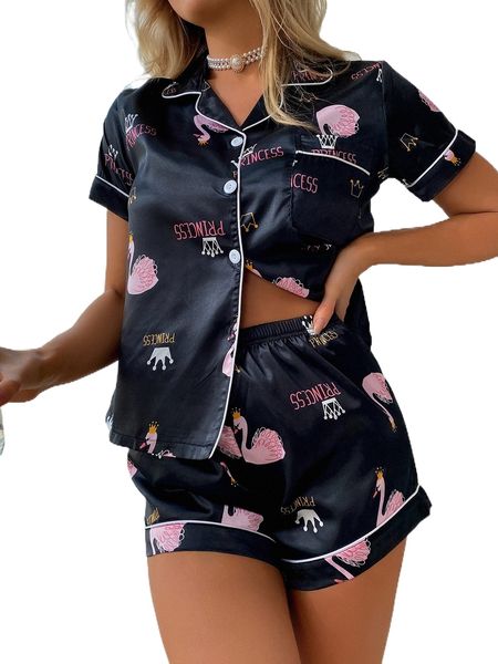 

goose & letter graphic contrast piping pj set 02l1#, Black;red