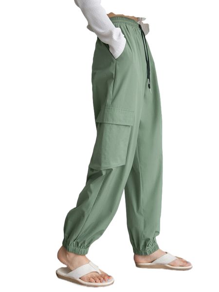 

dazy flap pocket drawstring waist cargo pants l9gz#, Black;white