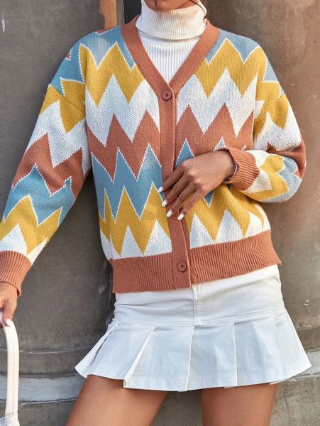 

chevron pattern drop shoulder cardigan h4vg#, White;black