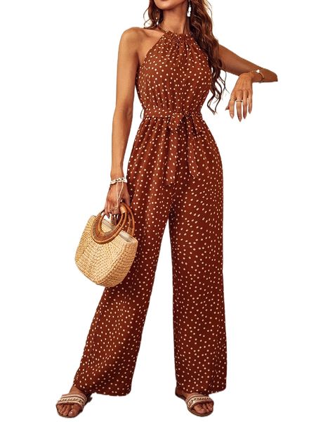 

polka dot belted jumpsuit 05cj#, Black;white