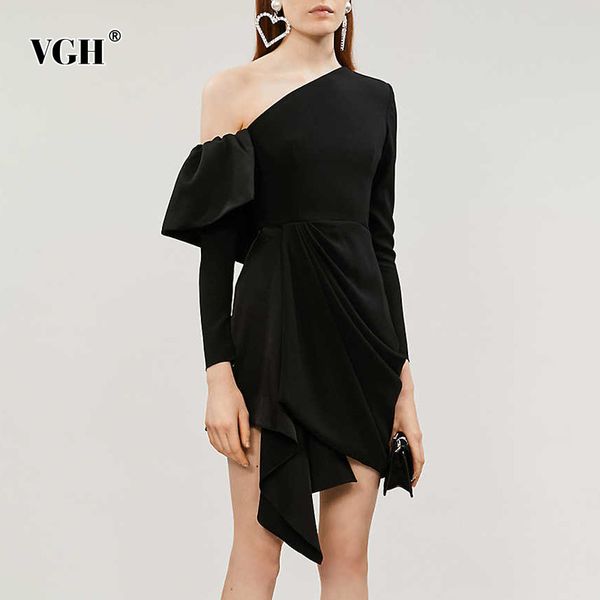 

black irregular patchwork ruffle dress for women diagonal collar long sleeve one off shoulder high waist mini dresses female 210507, Black;gray