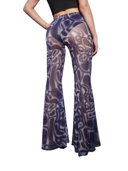 

allover print mesh panty lined flare leg pants e9bf#, Black;white