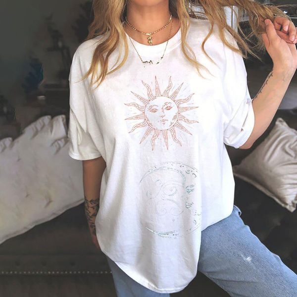 T-Shirt da donna Harajuku 2022 Summer White Tshirt Vintage Drop Sleeves Modello stampato Casual Manica corta O-Collo Top Abiti di moda Femal