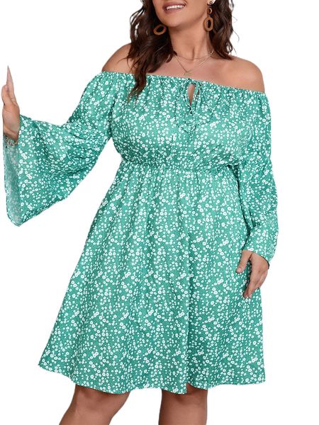 

plus ditsy floral print off shoulder flounce sleeve dress k1sx#, Black