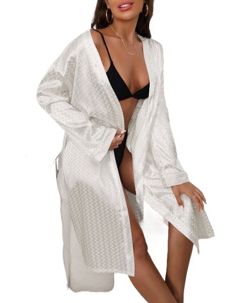 

geo jacquard satin belted robe 79ih#, Black;red