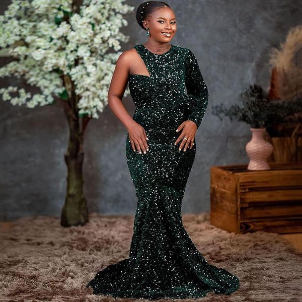 Africano Aso Ebi Mermaid Prom Dress Hunter Emerald Verde verde lantejoulas de lantejoulas de um ombro de manga longa ocasião de ocasião desgaste plus size