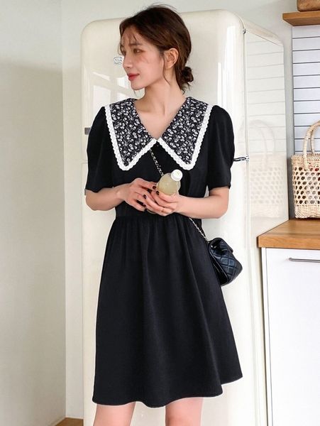 

dazy ditsy floral print statement collar puff sleeve dress b5md#, Black;gray