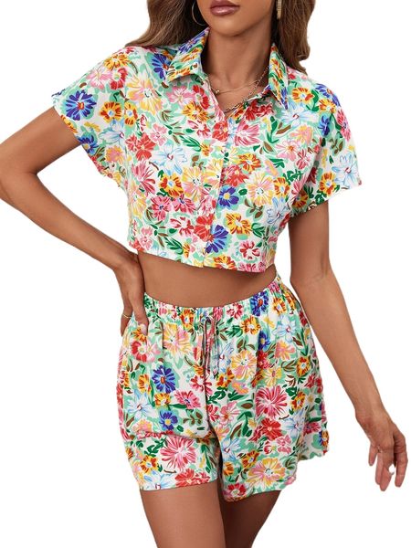 

floral print shirt & tie waist shorts p8th#, White