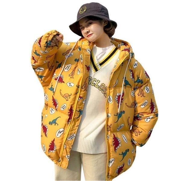 

winter cartoon dinosaur loose hooded thick coat women t200212, Black;brown