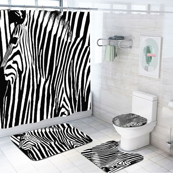 

camouflage stripe series 90g shower curtain lamb cashmere non slip floor mat toilet cover mat bathroom four piece set-1