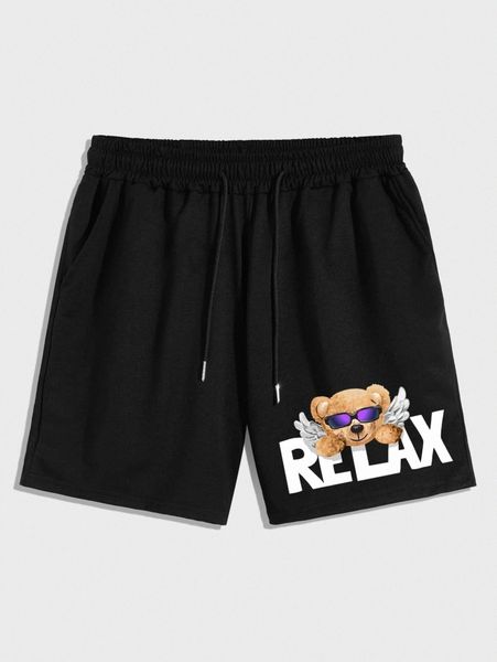 

men bear & letter graphic drawstring waist shorts v2xg#, White;black