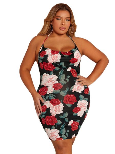 

sxy plus floral print halter dress n7zy#, Black