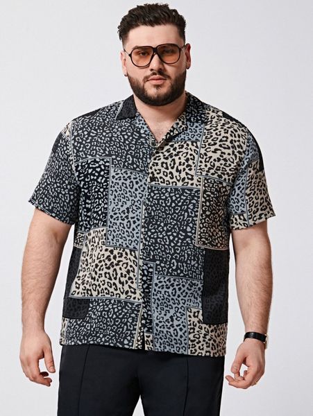 

extended sizes men leopard & patchwork print shirt n40i#, White;black