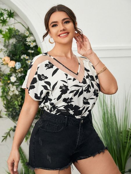 

plus floral print sheer mesh insert x59p#, Black