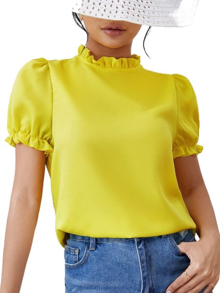 

frilled neck puff sleeve blouse q2dm#, White