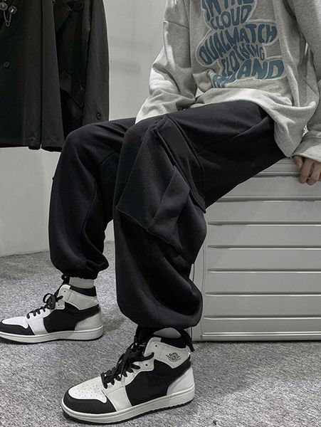 

men flap pocket side drawstring hem sweatpants c2y4#, Black