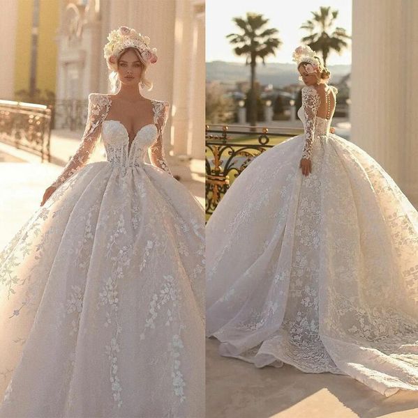 Prinzessin Ballkleid Hochzeitskleid tiefe schwere Spitze Applikationen Brautkleider maßgeschneiderte handgefertigte Langarm-Brautkleider