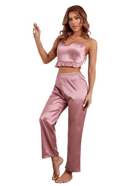 

ruffle trim satin cami & pants pj set g9wu#, Black;red