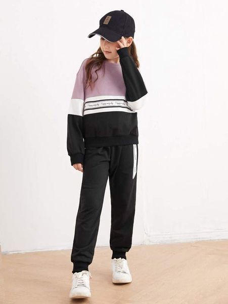 

girls slogan graphic drop shoulder colorblock sweatshirt & sweatpants she, White