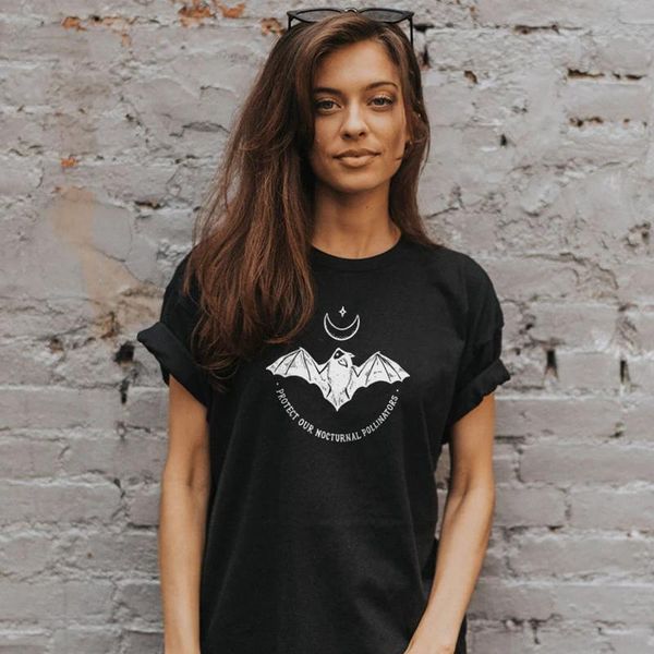 

women's t-shirt protect our nocturnal pollinators stylish star moon bat printed vegan tshirt summer women harajuku graphic tees, White