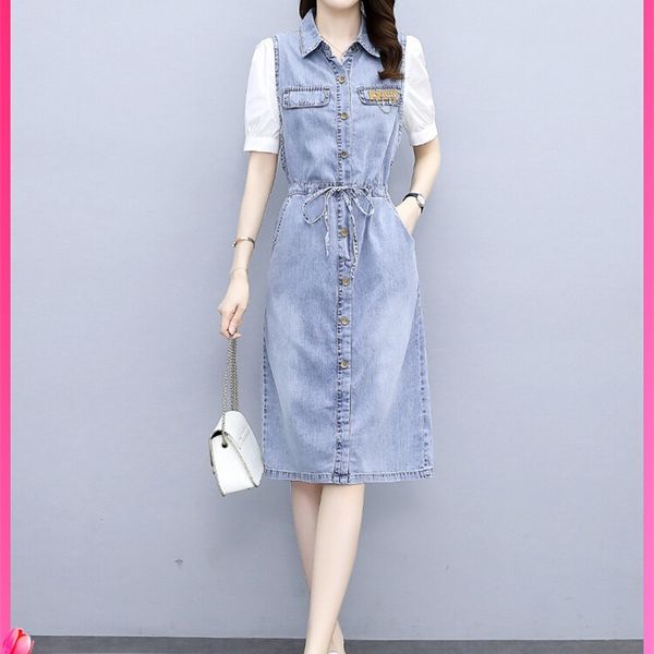 

casual dresses denim dress women's summer 2022 style light cooked close waist thin temperament casual fashion shirt skirt v86m, Black;gray