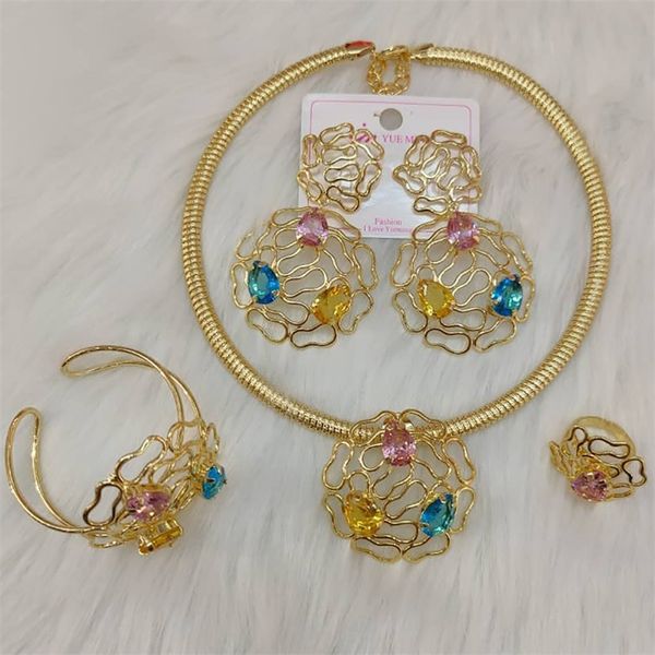 Modeschmuck-Set für Frauen, Hochzeit, Brautkristall-Ohrring-Halskette, afrikanischer Dubai-Goldfarbenring, Armband, Juwelier 220810