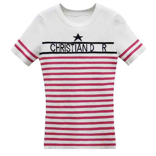 

2022 summer new neck stripe letter short sleeve sweater women's treny fashion latest clothes ladies dresses men's t-shirt factory, White